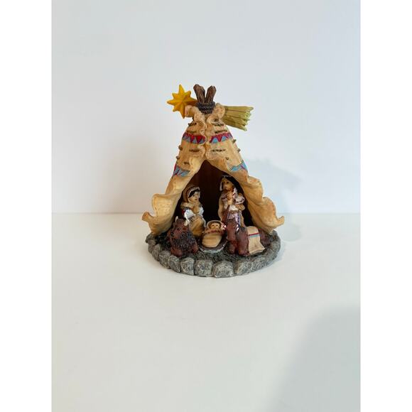 Vintage 2000s Native American Nativity Figurine 6" Holy Family in Teepee - Picture 2 of 6